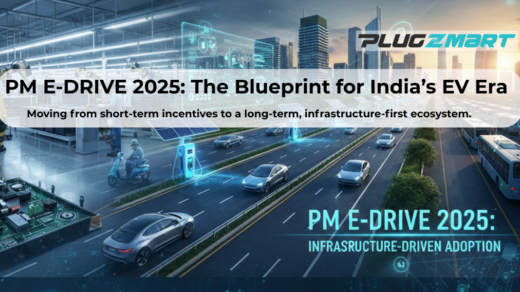 A futuristic digital landscape showing a split-view of an automated EV manufacturing plant with robotic arms and a smart city highway lined with solar-powered EV charging stations, electric cars, and public buses under the title 'PM E-DRIVE 2025'.