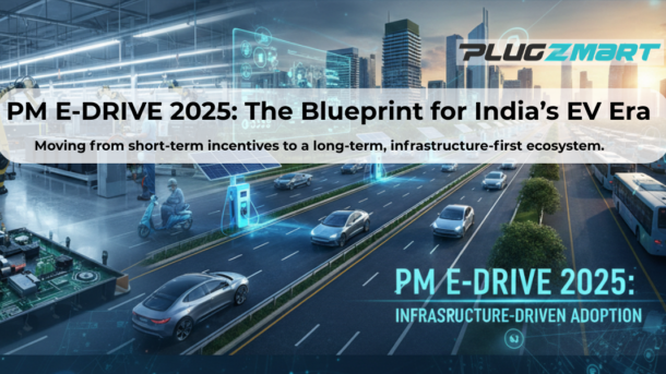 A futuristic digital landscape showing a split-view of an automated EV manufacturing plant with robotic arms and a smart city highway lined with solar-powered EV charging stations, electric cars, and public buses under the title 'PM E-DRIVE 2025'.